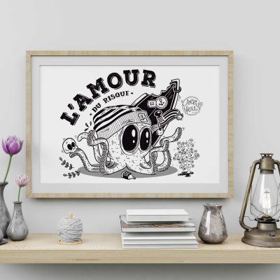 affiche poulpe surfeur bretagne noir et blanc