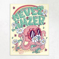 Affiche bretonne Nevez Amzer – pieuvre rose lunettes soleil marguerites arc-en-ciel ambiance groovy – I Sea You Saint-Brieuc
