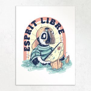 Affiche bretonne macareux surfeur
