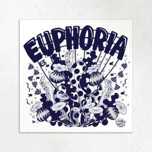 Affiche bretonne Euphoria – algues créatures marines bleu marine blanc format carré – I Sea You Saint-Brieuc