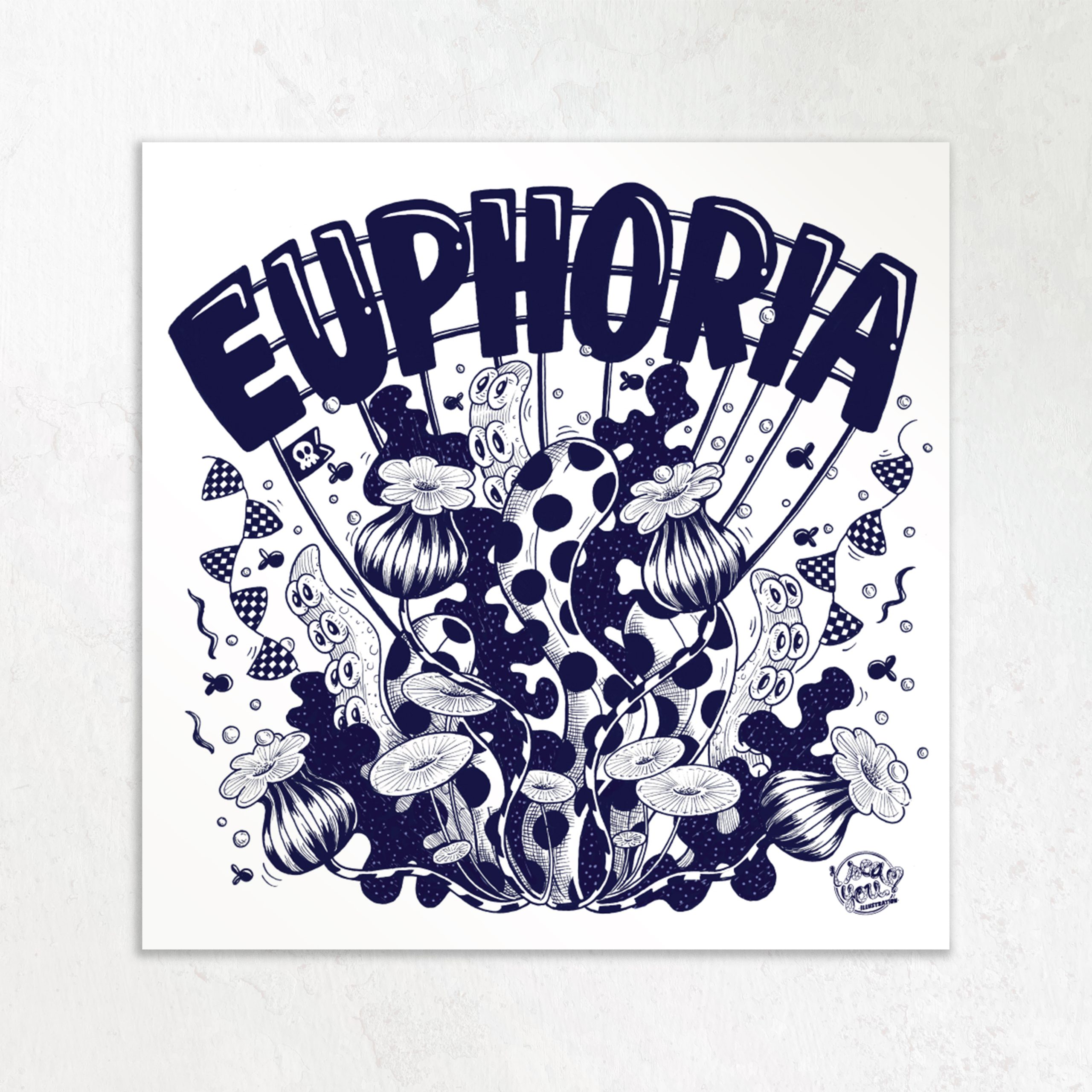 Affiche bretonne Euphoria – algues créatures marines bleu marine blanc format carré – I Sea You Saint-Brieuc
