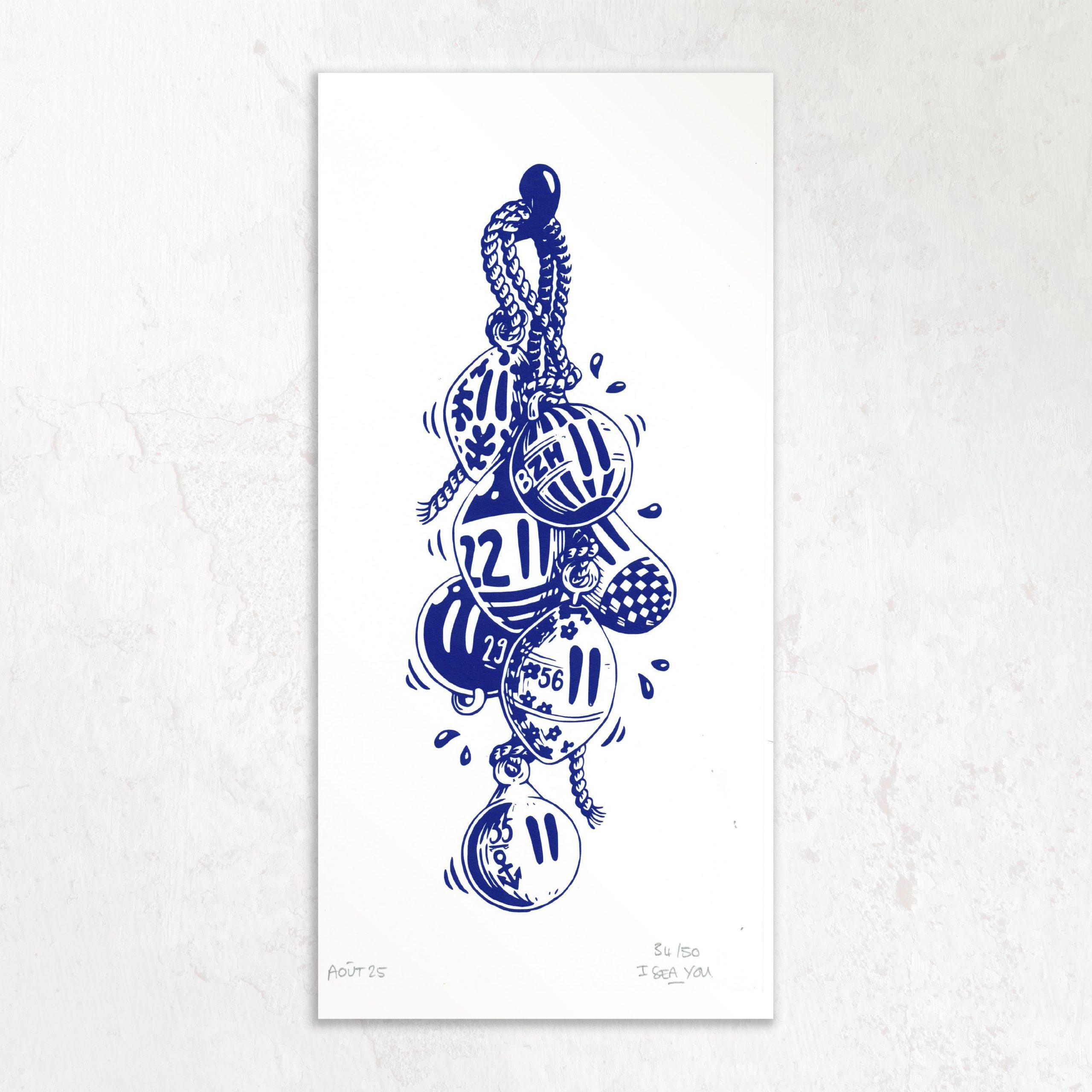 Sérigraphie bretonne bouées numérotées BZH – encre bleu marine – I Sea You Saint-Brieuc