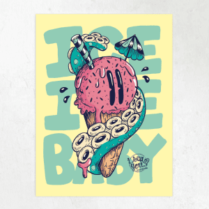 Affiche acrochée au mur représentant une glace avec un smiley et une tentacule de poulpe