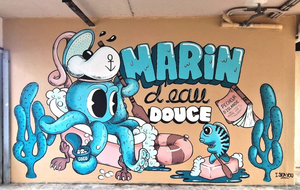 FresquePoulpe graff peint à la main pour le meeting of styles, fresque murale poulpe marin d'eau douce . Bouée et algues marines