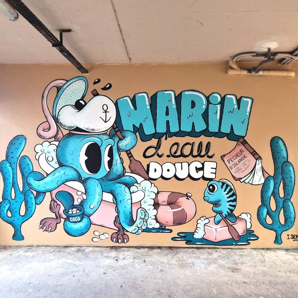 FresquePoulpe graff peint à la main pour le meeting of styles, fresque murale poulpe marin d'eau douce . Bouée et algues marines