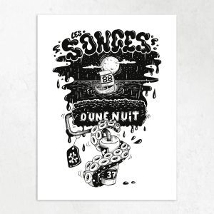 Affiche illustrée en noir et blanc "Les Songes d'une nuit", petit bateau sous la pleine lune et tentacule de poulpe, i Sea You