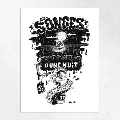 Affiche illustrée en noir et blanc "Les Songes d'une nuit", petit bateau sous la pleine lune et tentacule de poulpe, i Sea You