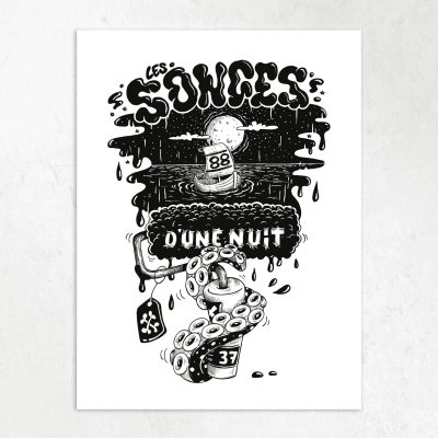 Affiche illustrée en noir et blanc "Les Songes d'une nuit", petit bateau sous la pleine lune et tentacule de poulpe, i Sea You