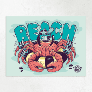 illustration crabe dans une bouée avec des brassards surmonté de l'expression beach club
