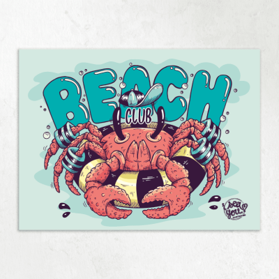 illustration crabe dans une bouée avec des brassards surmonté de l'expression beach club
