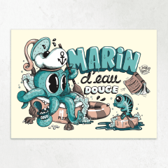 Affiche illustrée d'un poulpe marin dans une baignoire, bachi et rame, humour maritime breton, iSeaYou