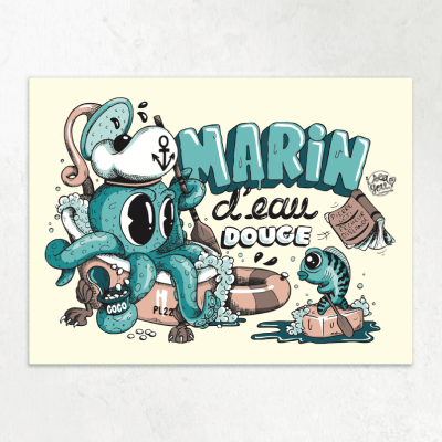 Affiche illustrée d'un poulpe marin dans une baignoire, bachi et rame, humour maritime breton, iSeaYou